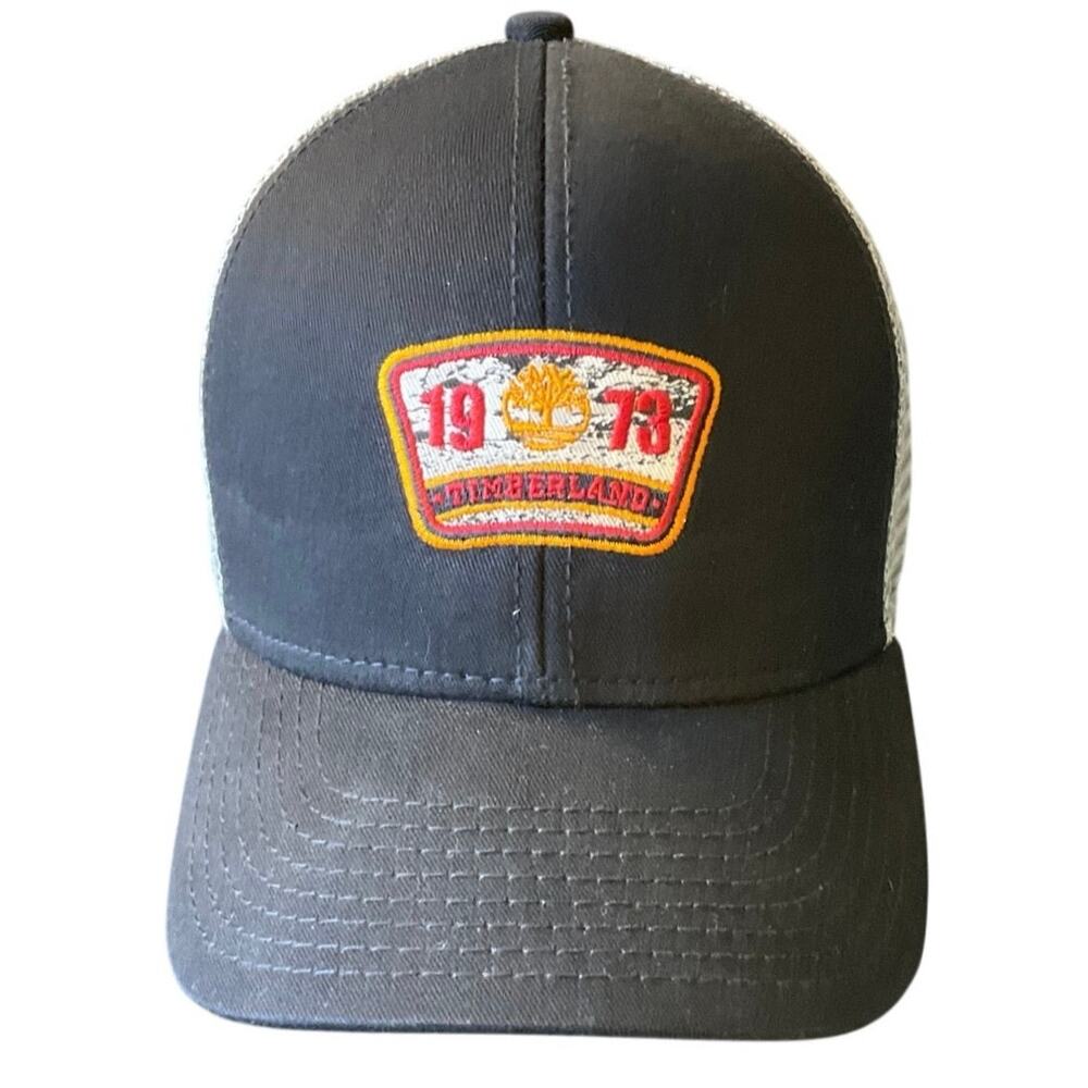Timberland 1973 Trucker Hat Black Gray Mesh Snapback OSFM Logo Cap